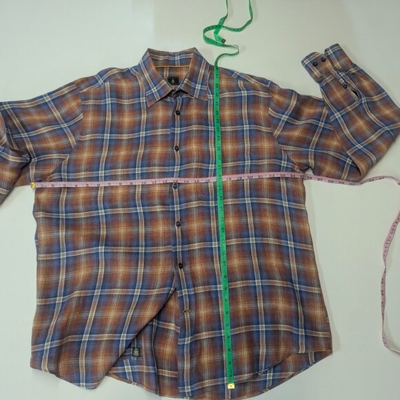 Robert Talbott Size Large Orange/Blue Plaid Button Down in 100% Linen - Picture 7 of 16